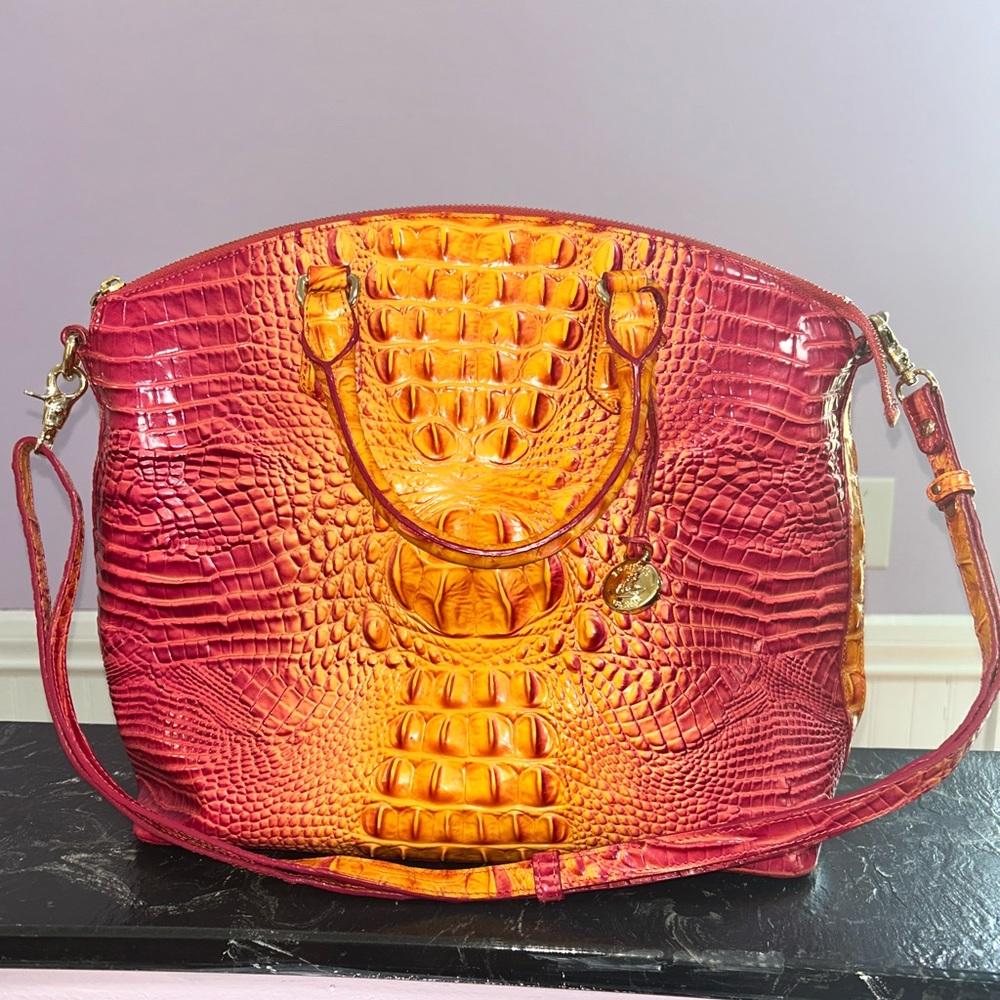 Brahmin Ombre Croc-Embossed Satchel in Orange and Pink